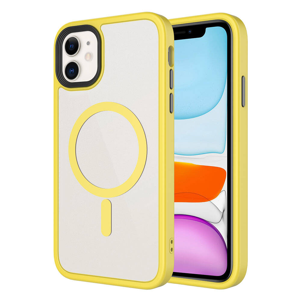 Apple iPhone 11 Kılıf Mat Arka Yüzey Wireless Şarj Özellikli Zore Flet M-safe Kapak Sarı