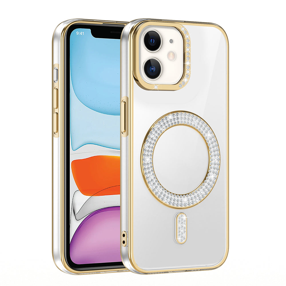 Apple iPhone 11 Kılıf Pırlanta Taş Tasarımlı M-safe Şarj Özellikli Zore Karetta Silikon Kapak Gold