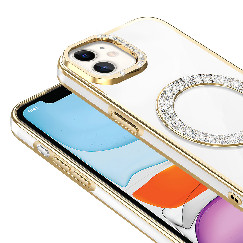 Apple iPhone 11 Kılıf Pırlanta Taş Tasarımlı M-safe Şarj Özellikli Zore Karetta Silikon Kapak Rose Gold