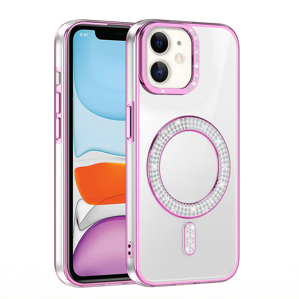 Apple iPhone 11 Kılıf Pırlanta Taş Tasarımlı M-safe Şarj Özellikli Zore Karetta Silikon Kapak Rose Gold