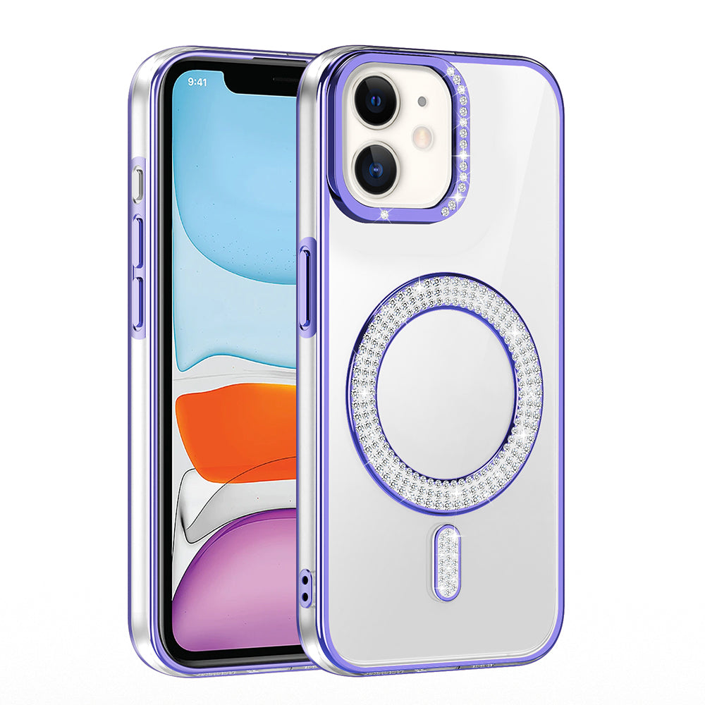 Apple iPhone 11 Kılıf Pırlanta Taş Tasarımlı M-safe Şarj Özellikli Zore Karetta Silikon Kapak Mor