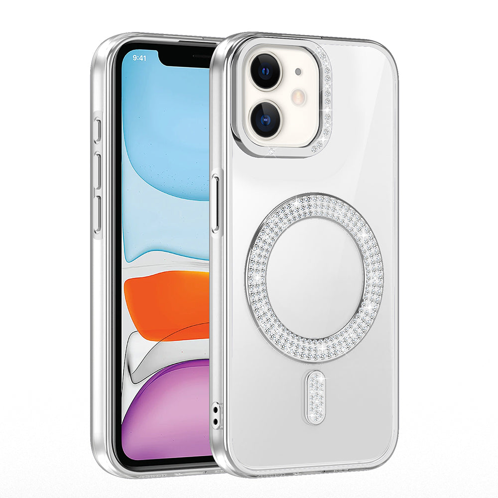 Apple iPhone 11 Kılıf Pırlanta Taş Tasarımlı M-safe Şarj Özellikli Zore Karetta Silikon Kapak Gümüş