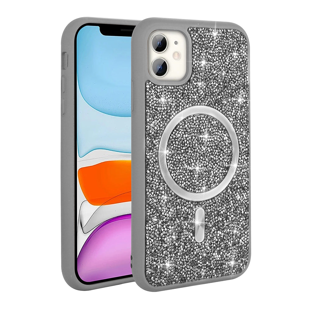 Apple iPhone 11 Kılıf Pırlanta Tasarımlı M-safe Şarj Özellikli Zore Mozaik Silikon Kapak Titanyum-Gri
