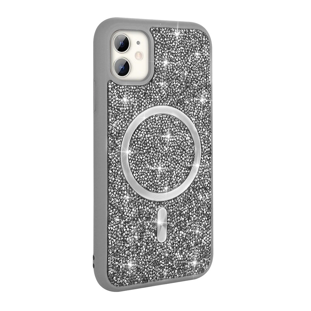 Apple iPhone 11 Kılıf Pırlanta Tasarımlı M-safe Şarj Özellikli Zore Mozaik Silikon Kapak Titanyum-Gri