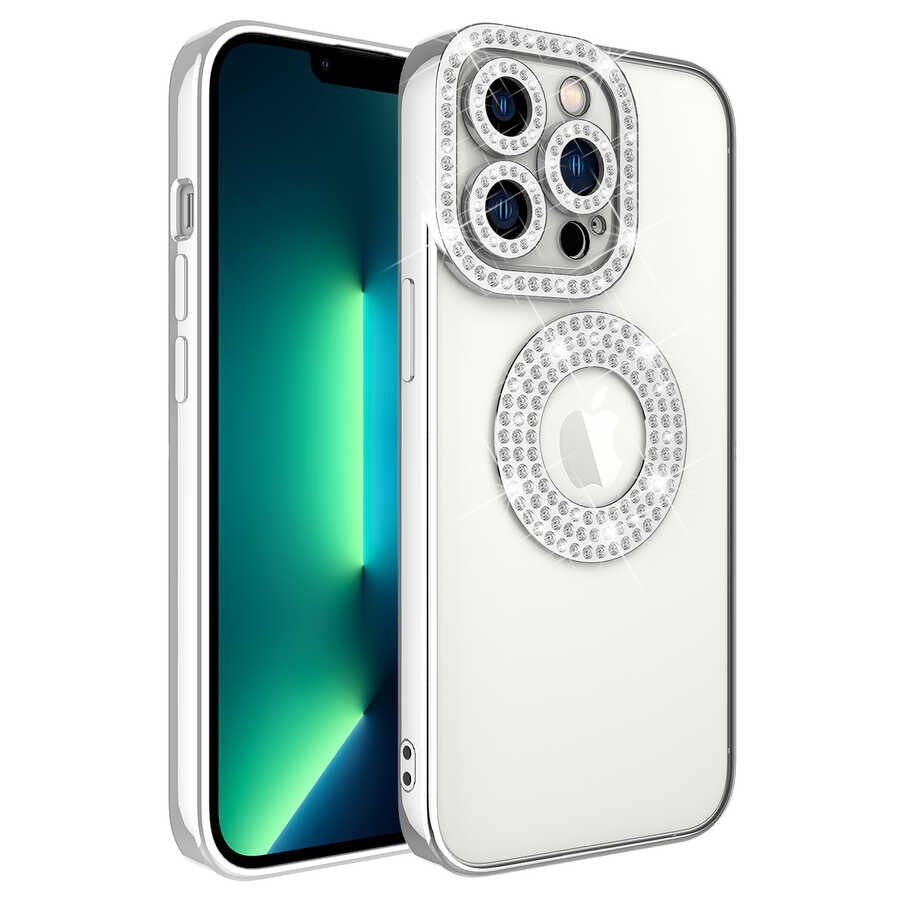 Apple iPhone 12 Pro Kılıf Kamera Korumalı Taş Süslemeli Arkası Şeffaf Zore Asya Kapak