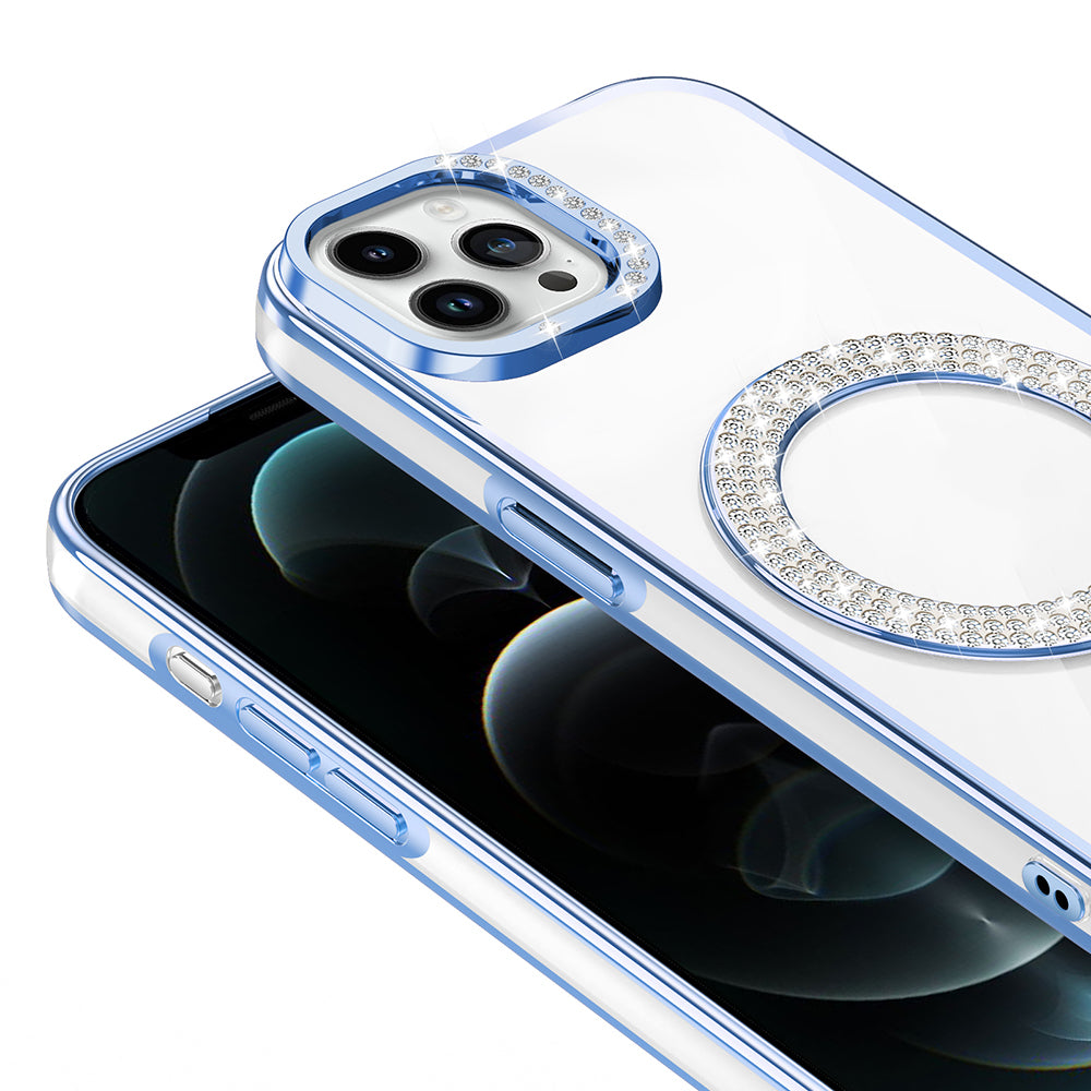 Apple iPhone 12 Pro Kılıf Pırlanta Taş Tasarımlı M-safe Şarj Özellikli Zore Karetta Silikon Kapak Rose Gold