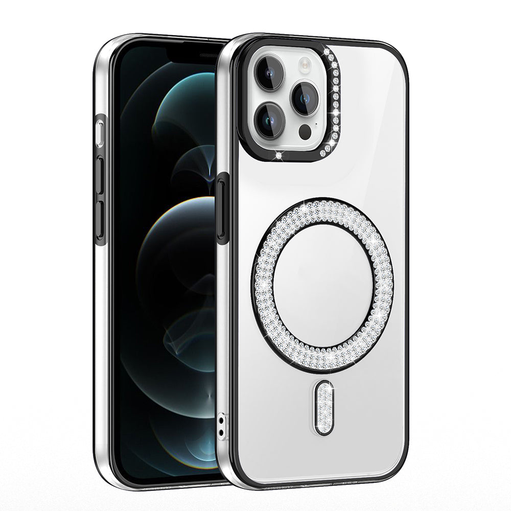 Apple iPhone 12 Pro Kılıf Pırlanta Taş Tasarımlı M-safe Şarj Özellikli Zore Karetta Silikon Kapak Gümüş