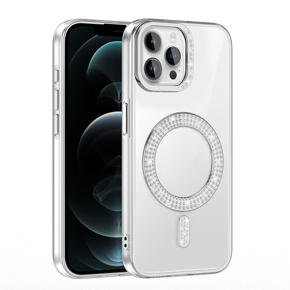 Apple iPhone 12 Pro Kılıf Pırlanta Taş Tasarımlı M-safe Şarj Özellikli Zore Karetta Silikon Kapak Siyah