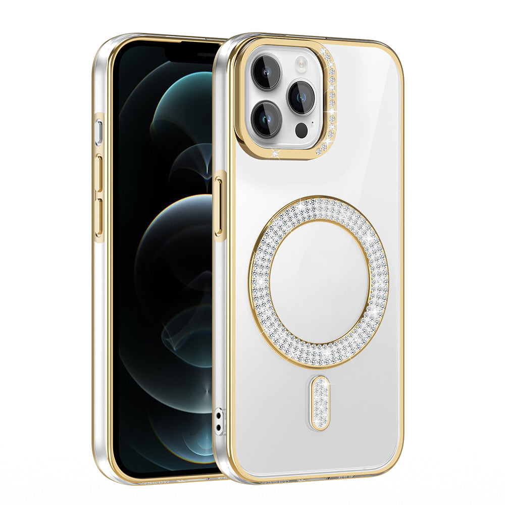 Apple iPhone 12 Pro Kılıf Pırlanta Taş Tasarımlı M-safe Şarj Özellikli Zore Karetta Silikon Kapak Gümüş