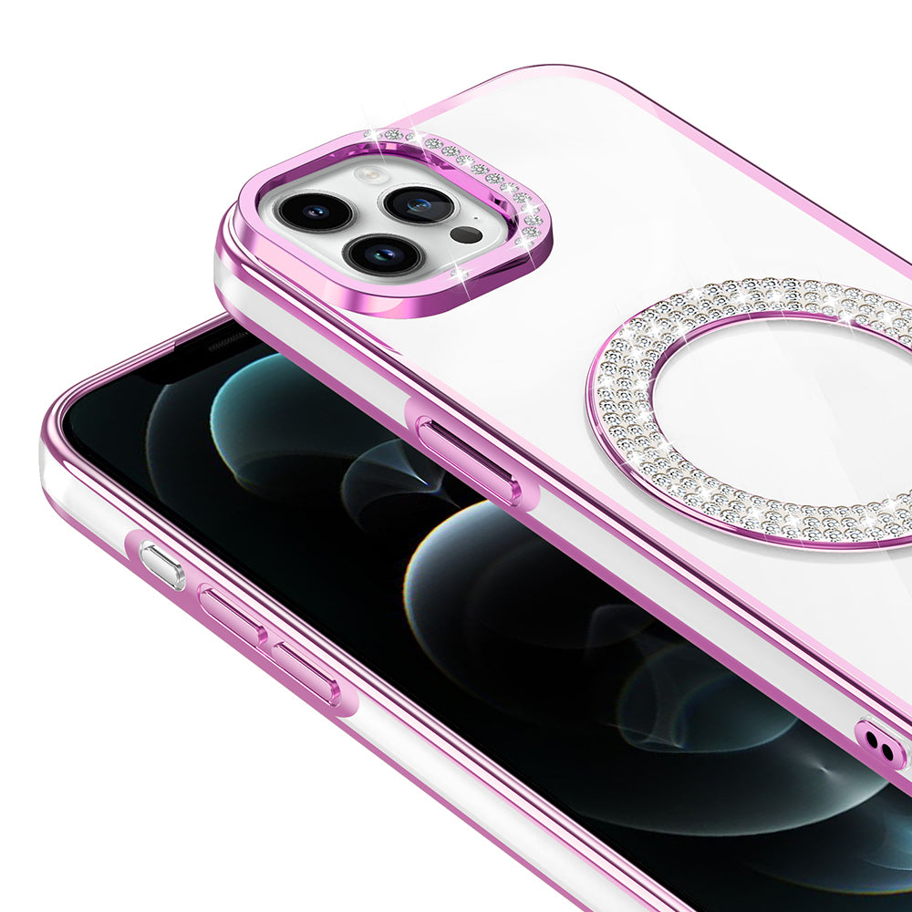 Apple iPhone 12 Pro Kılıf Pırlanta Taş Tasarımlı M-safe Şarj Özellikli Zore Karetta Silikon Kapak Mor