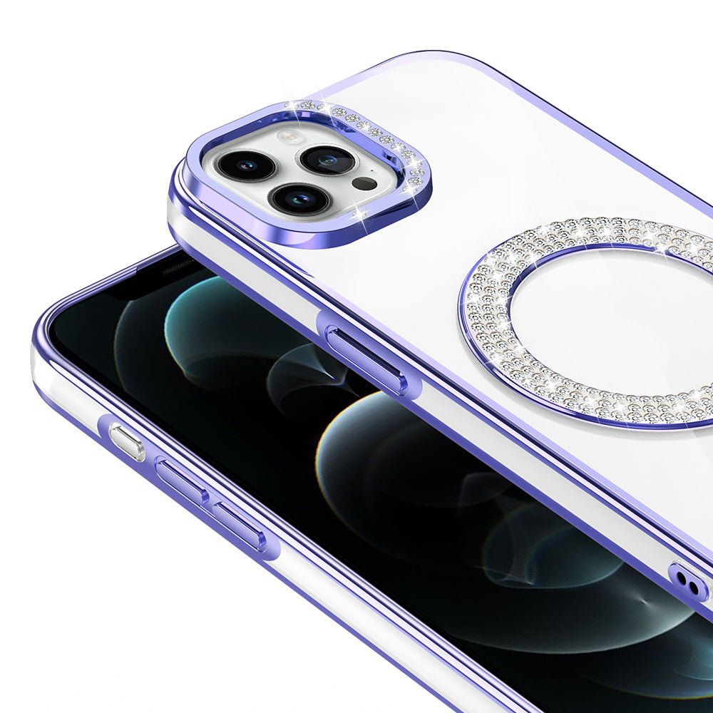 Apple iPhone 12 Pro Kılıf Pırlanta Taş Tasarımlı M-safe Şarj Özellikli Zore Karetta Silikon Kapak Gümüş