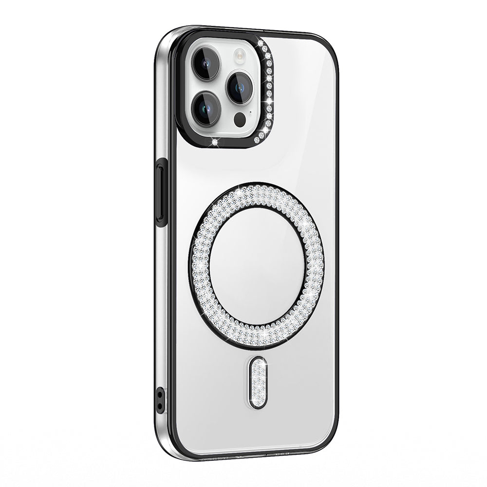 Apple iPhone 12 Pro Kılıf Pırlanta Taş Tasarımlı M-safe Şarj Özellikli Zore Karetta Silikon Kapak Siyah