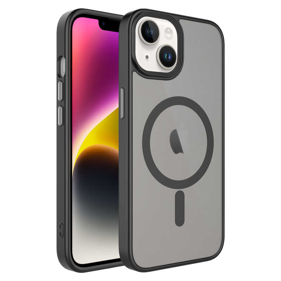 Apple iPhone 13 Kılıf Mat Arka Yüzey Wireless Şarj Özellikli Zore Flet M-safe Kapak Siyah