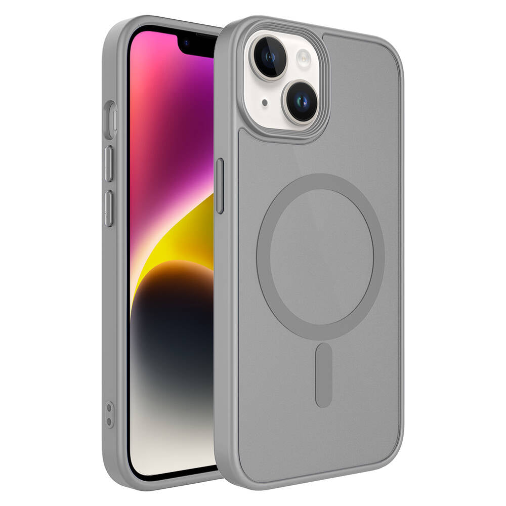 Apple iPhone 13 Kılıf Mat Arka Yüzey Wireless Şarj Özellikli Zore Flet M-safe Kapak Gri