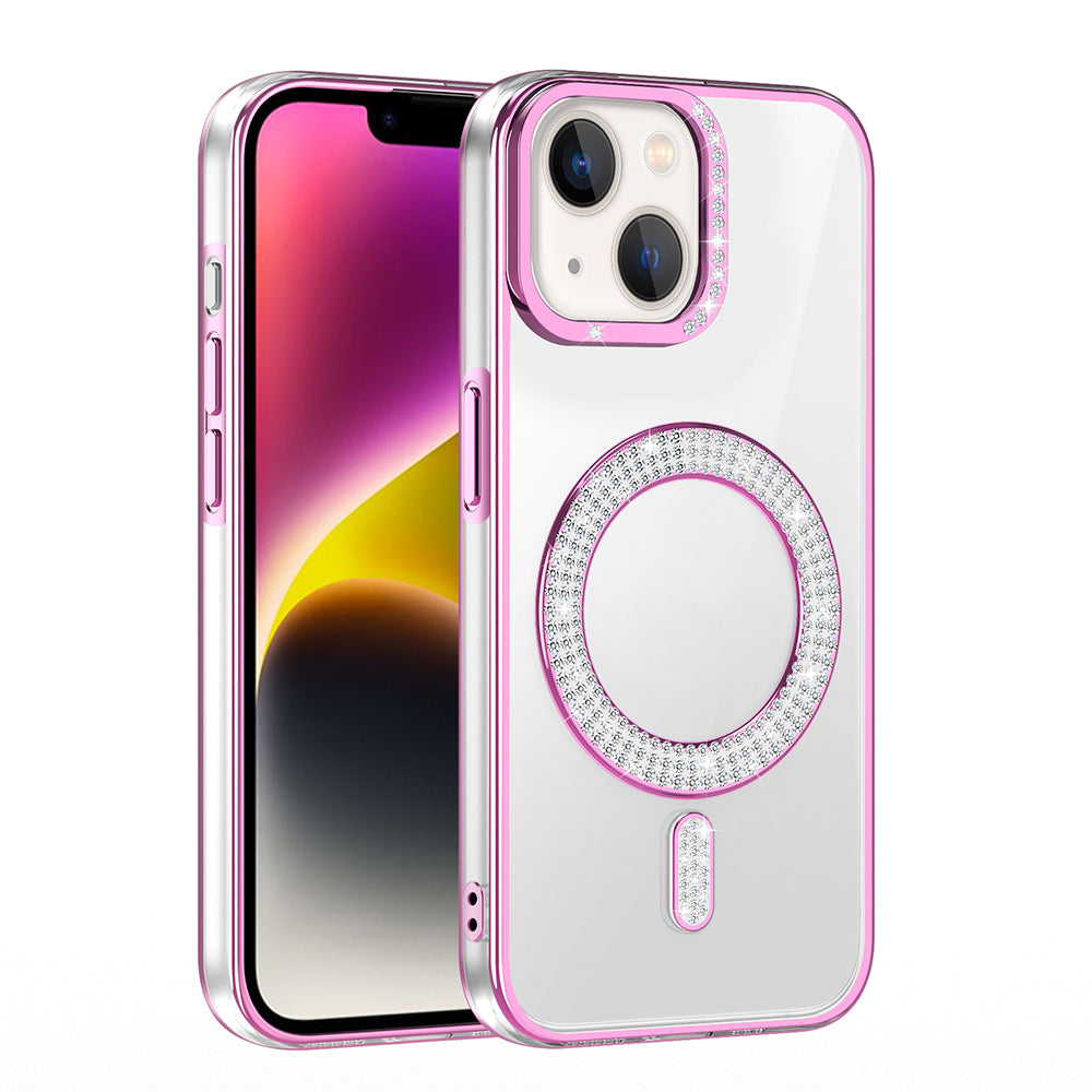 Apple iPhone 13 Kılıf Pırlanta Taş Tasarımlı M-safe Şarj Özellikli Zore Karetta Silikon Kapak Rose Gold