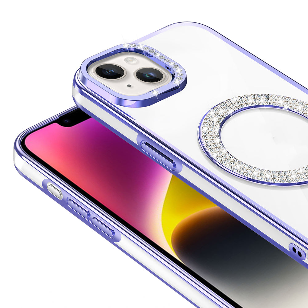 Apple iPhone 13 Kılıf Pırlanta Taş Tasarımlı M-safe Şarj Özellikli Zore Karetta Silikon Kapak Mavi