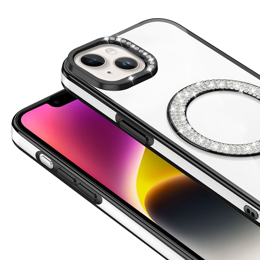 Apple iPhone 13 Kılıf Pırlanta Taş Tasarımlı M-safe Şarj Özellikli Zore Karetta Silikon Kapak Rose Gold