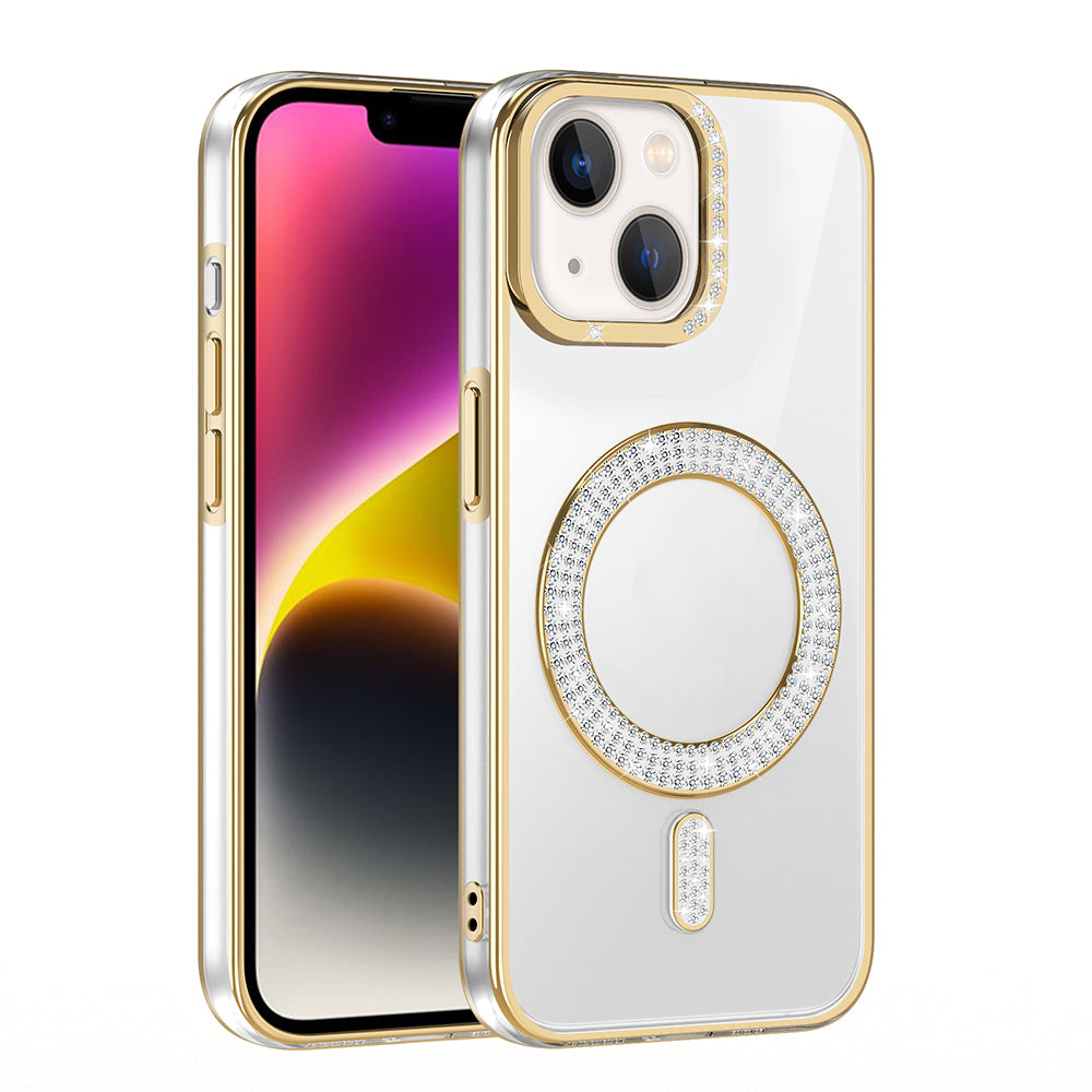 Apple iPhone 13 Kılıf Pırlanta Taş Tasarımlı M-safe Şarj Özellikli Zore Karetta Silikon Kapak Mor