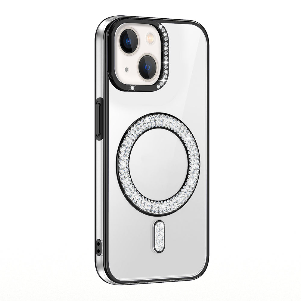 Apple iPhone 13 Kılıf Pırlanta Taş Tasarımlı M-safe Şarj Özellikli Zore Karetta Silikon Kapak Siyah