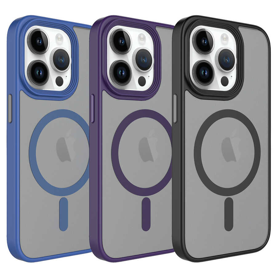 Apple iPhone 13 Pro Max Kılıf Mat Arka Yüzey Wireless Şarj Özellikli Zore Flet M-safe Kapak Mavi