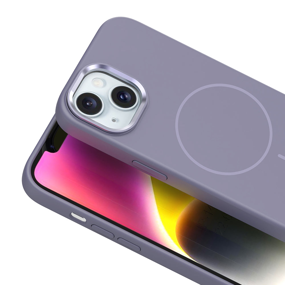 Apple iPhone 14 Kılıf M-Safe Şarj Özellikli Metal Kamera Çerçeveli Zore Edi Silikon Kapak Lavendery Gray