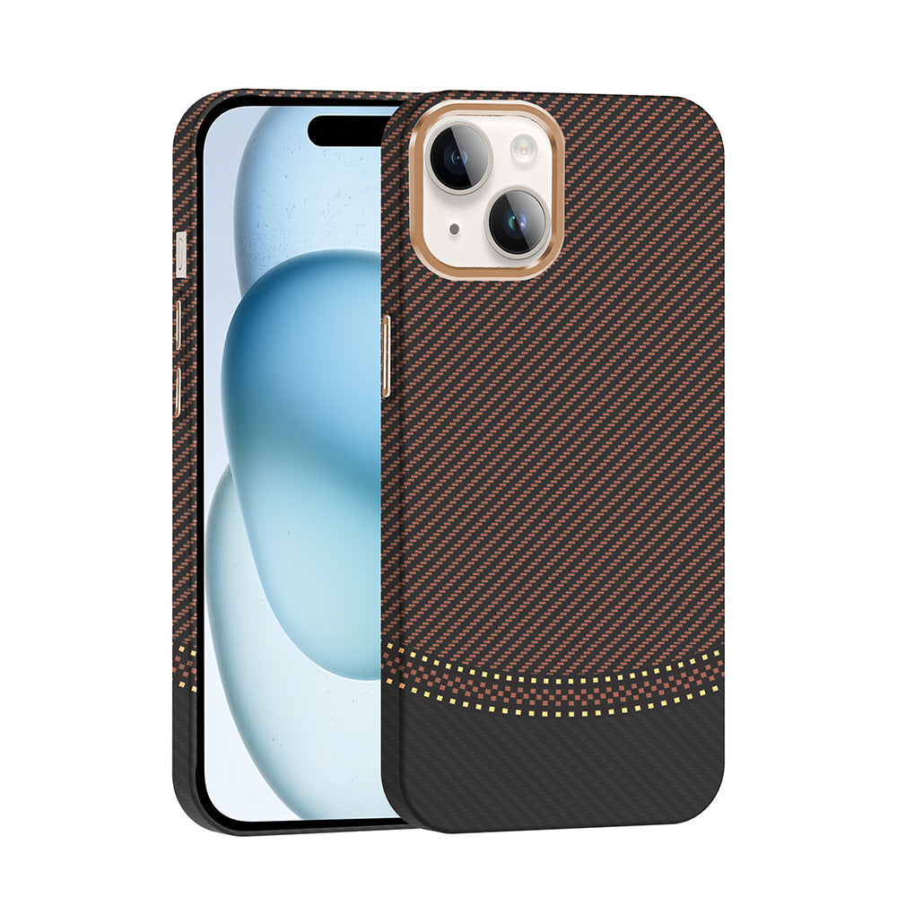 Apple iPhone 14 Kılıf M-safe Şarj Özellikli Karbon Fiber Görünümlü Zore Gros Kapak Gold-Siyah