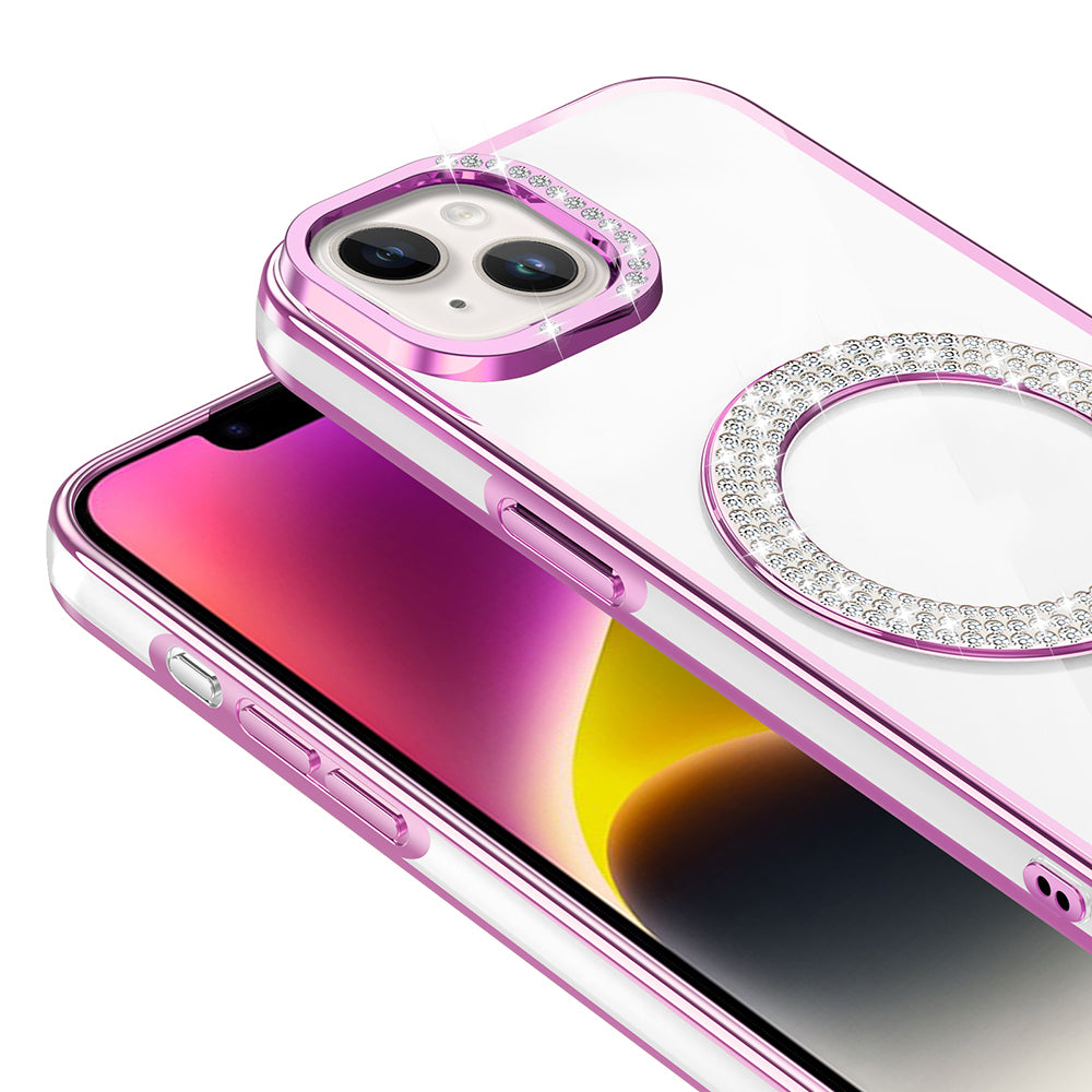 Apple iPhone 14 Kılıf Pırlanta Taş Tasarımlı M-safe Şarj Özellikli Zore Karetta Silikon Kapak Siyah