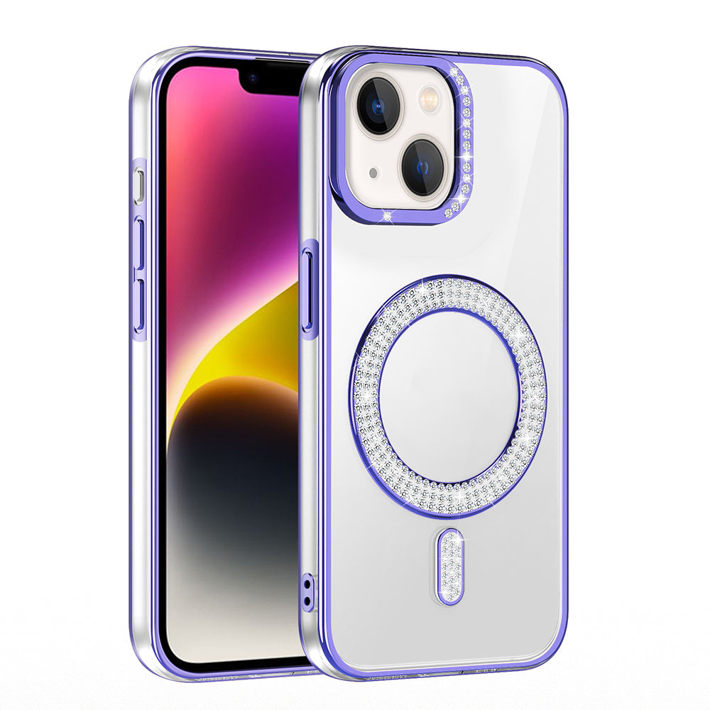 Apple iPhone 14 Kılıf Pırlanta Taş Tasarımlı M-safe Şarj Özellikli Zore Karetta Silikon Kapak Gümüş