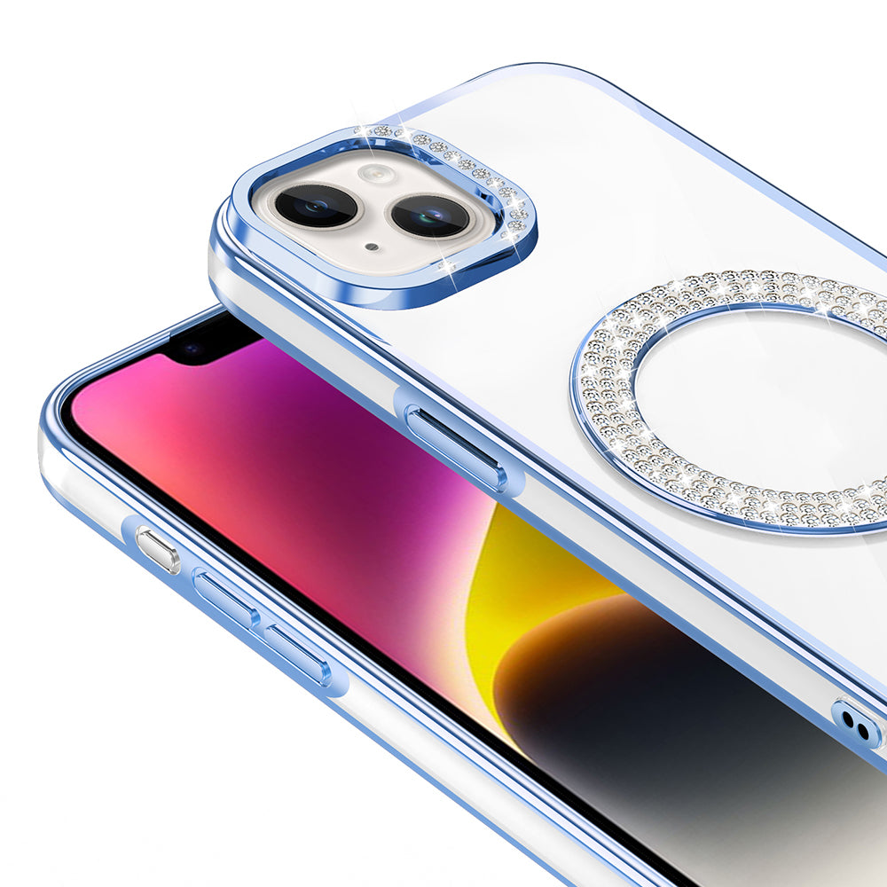 Apple iPhone 14 Kılıf Pırlanta Taş Tasarımlı M-safe Şarj Özellikli Zore Karetta Silikon Kapak Gold