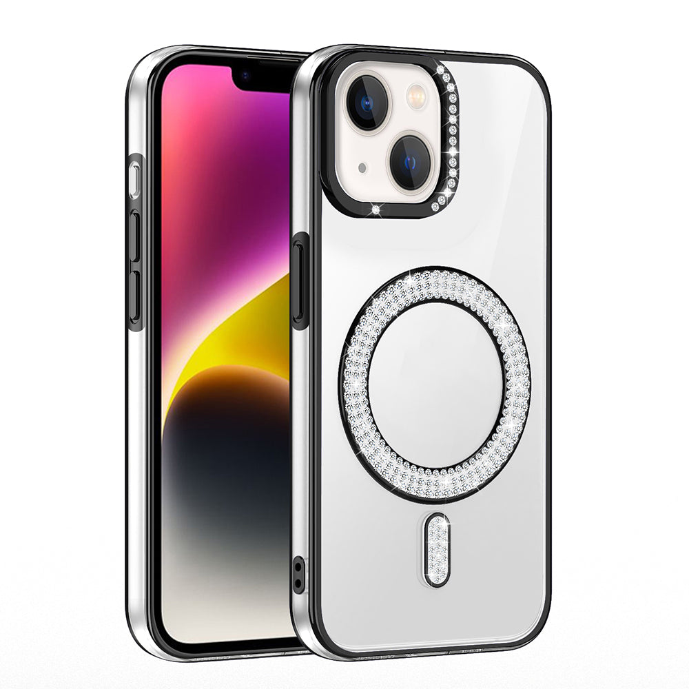 Apple iPhone 14 Kılıf Pırlanta Taş Tasarımlı M-safe Şarj Özellikli Zore Karetta Silikon Kapak Mavi