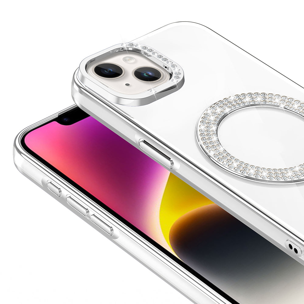 Apple iPhone 14 Kılıf Pırlanta Taş Tasarımlı M-safe Şarj Özellikli Zore Karetta Silikon Kapak Mavi