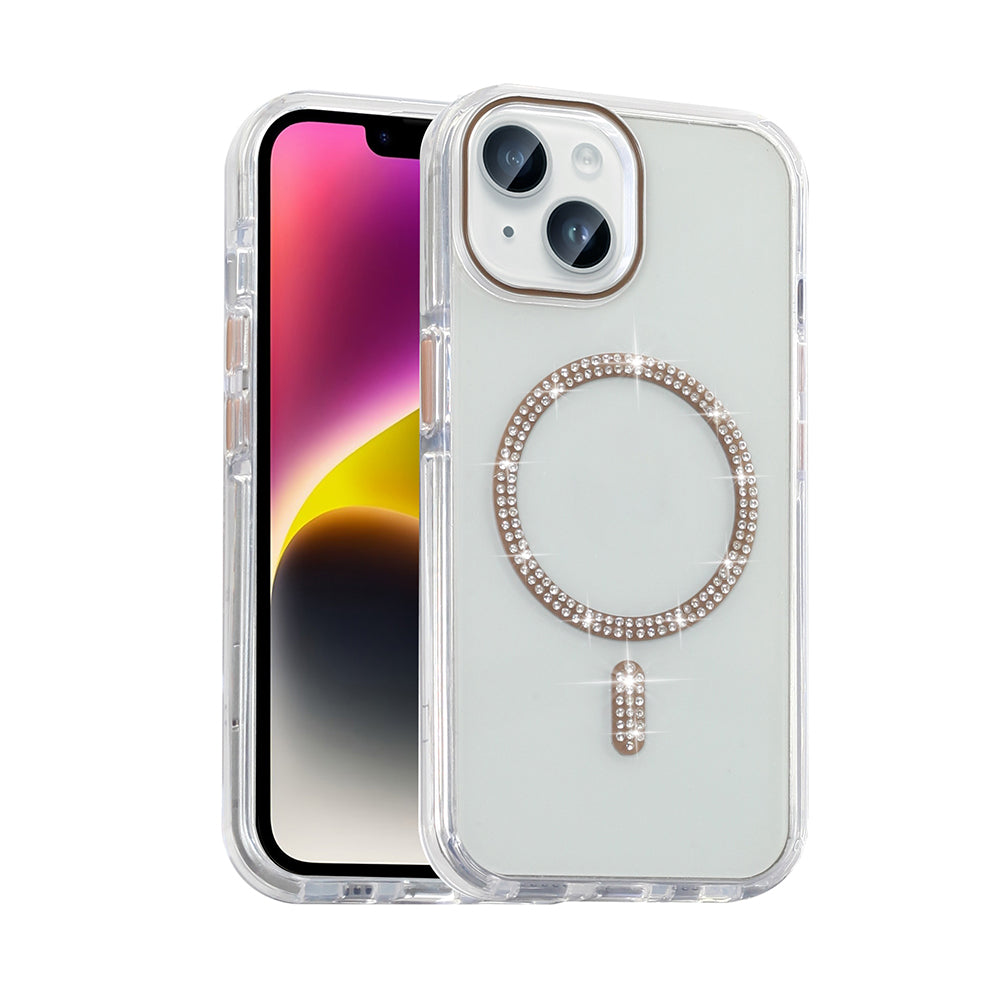 Apple iPhone 14 Kılıf Taşlı Tasarım M-safe Şarj Özellikli Zore Koment Silikon Kapak Gümüş