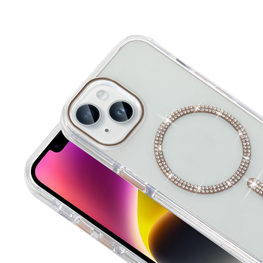 Apple iPhone 14 Kılıf Taşlı Tasarım M-safe Şarj Özellikli Zore Koment Silikon Kapak Gold