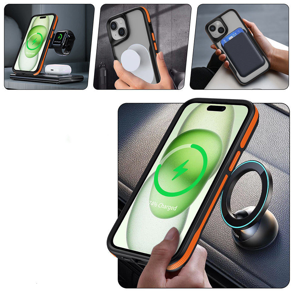 Apple iPhone 14 Plus Kılıf M-safe Şarj Özellikli Renkli Kenar Airbag Şeritli Zore Lamer Kapak Turuncu