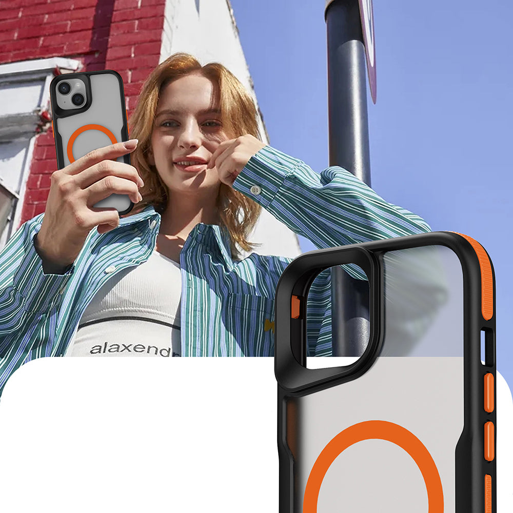 Apple iPhone 14 Pro Kılıf M-safe Şarj Özellikli Renkli Kenar Airbag Şeritli Zore Lamer Kapak Turuncu