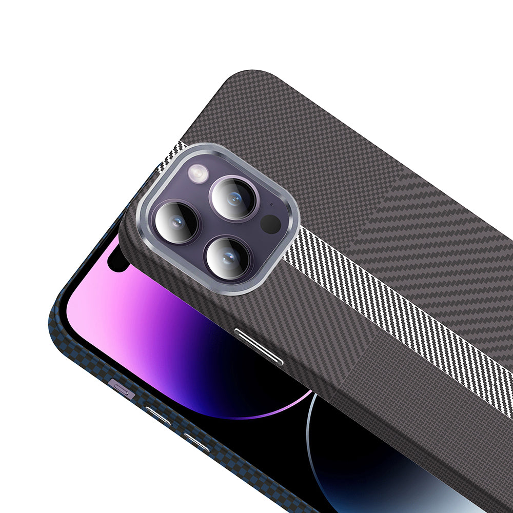 Apple iPhone 14 Pro Max Kılıf M-safe Şarj Özellikli Karbon Fiber Görünümlü Zore Gros Kapak Gri-Siyah