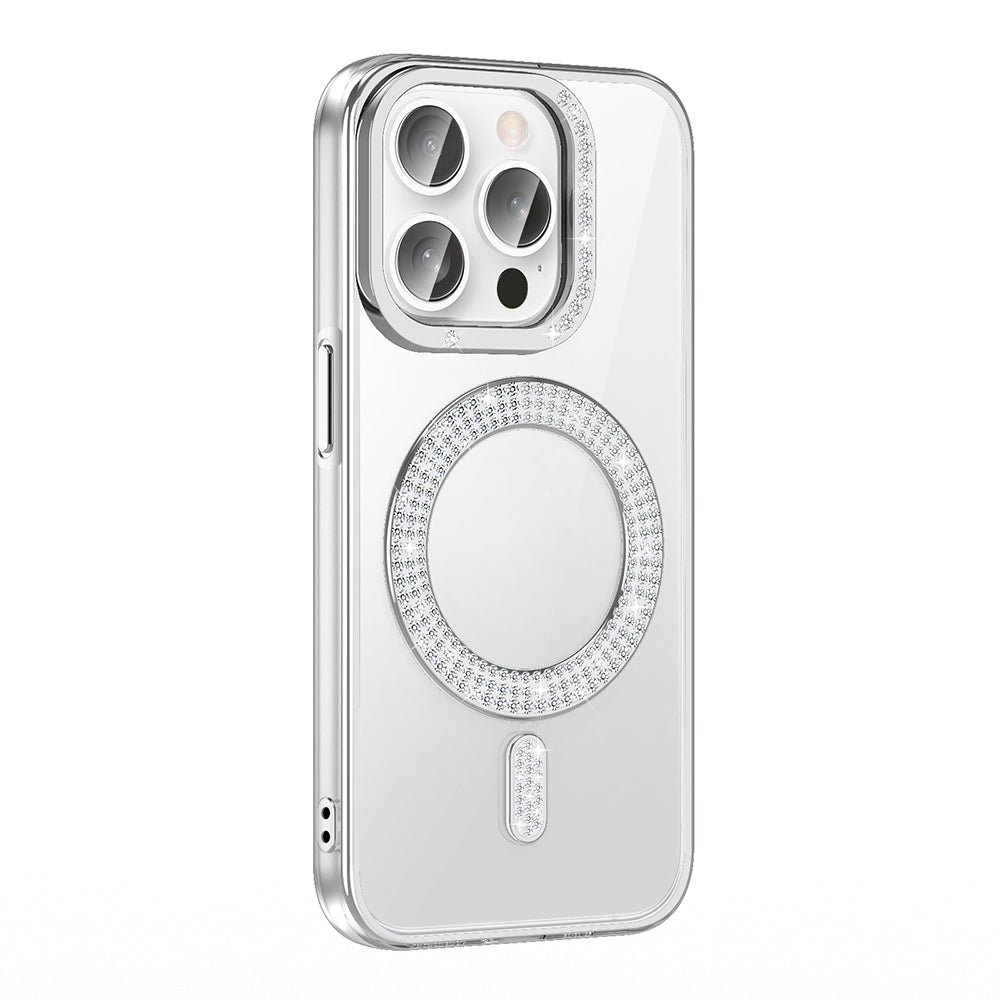 Apple iPhone 14 Pro Max Kılıf Pırlanta Taş Tasarımlı M-safe Şarj Özellikli Zore Karetta Silikon Kapak Siyah