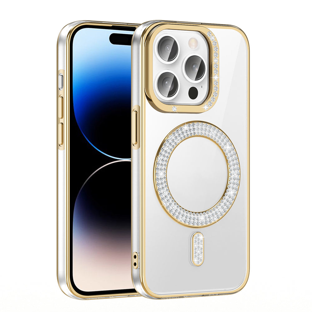 Apple iPhone 14 Pro Max Kılıf Pırlanta Taş Tasarımlı M-safe Şarj Özellikli Zore Karetta Silikon Kapak Rose Gold