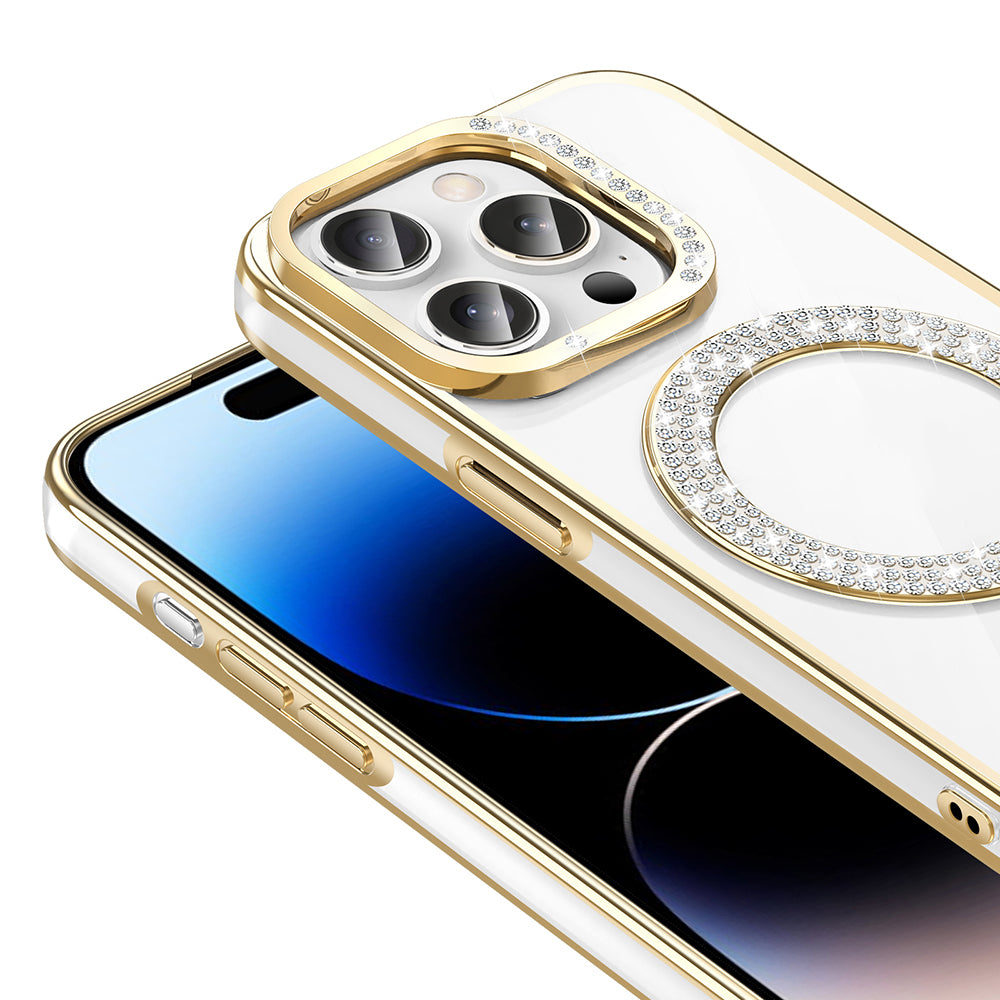 Apple iPhone 14 Pro Max Kılıf Pırlanta Taş Tasarımlı M-safe Şarj Özellikli Zore Karetta Silikon Kapak Mavi