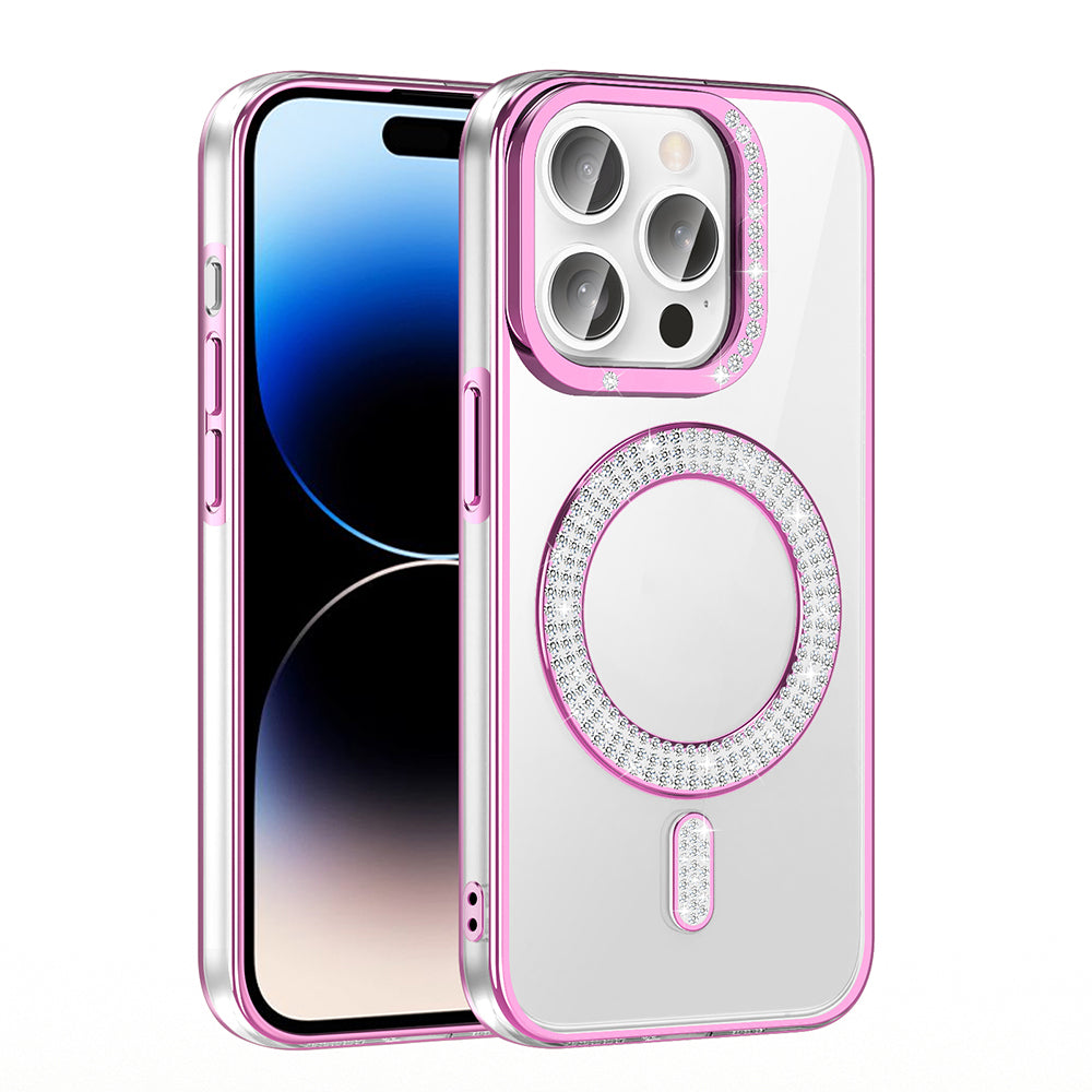 Apple iPhone 14 Pro Max Kılıf Pırlanta Taş Tasarımlı M-safe Şarj Özellikli Zore Karetta Silikon Kapak Rose Gold