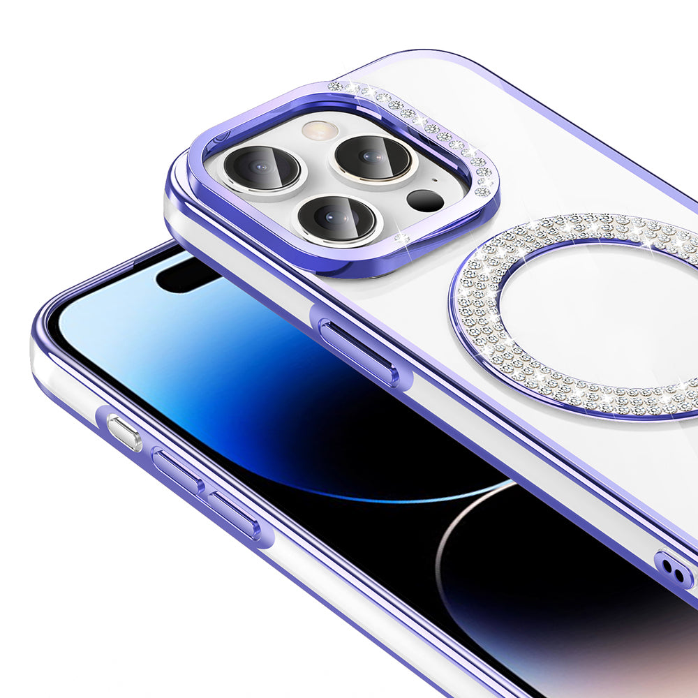 Apple iPhone 14 Pro Max Kılıf Pırlanta Taş Tasarımlı M-safe Şarj Özellikli Zore Karetta Silikon Kapak Gold