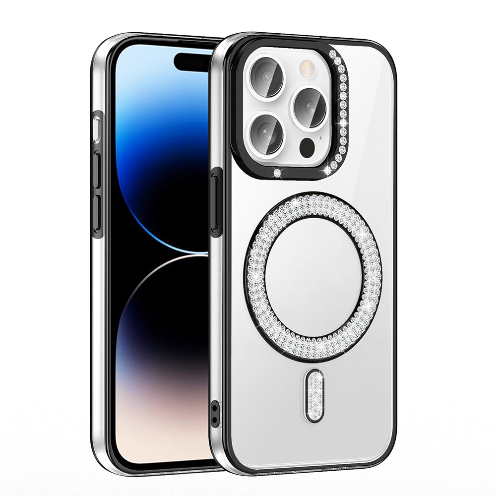 Apple iPhone 14 Pro Max Kılıf Pırlanta Taş Tasarımlı M-safe Şarj Özellikli Zore Karetta Silikon Kapak Mavi