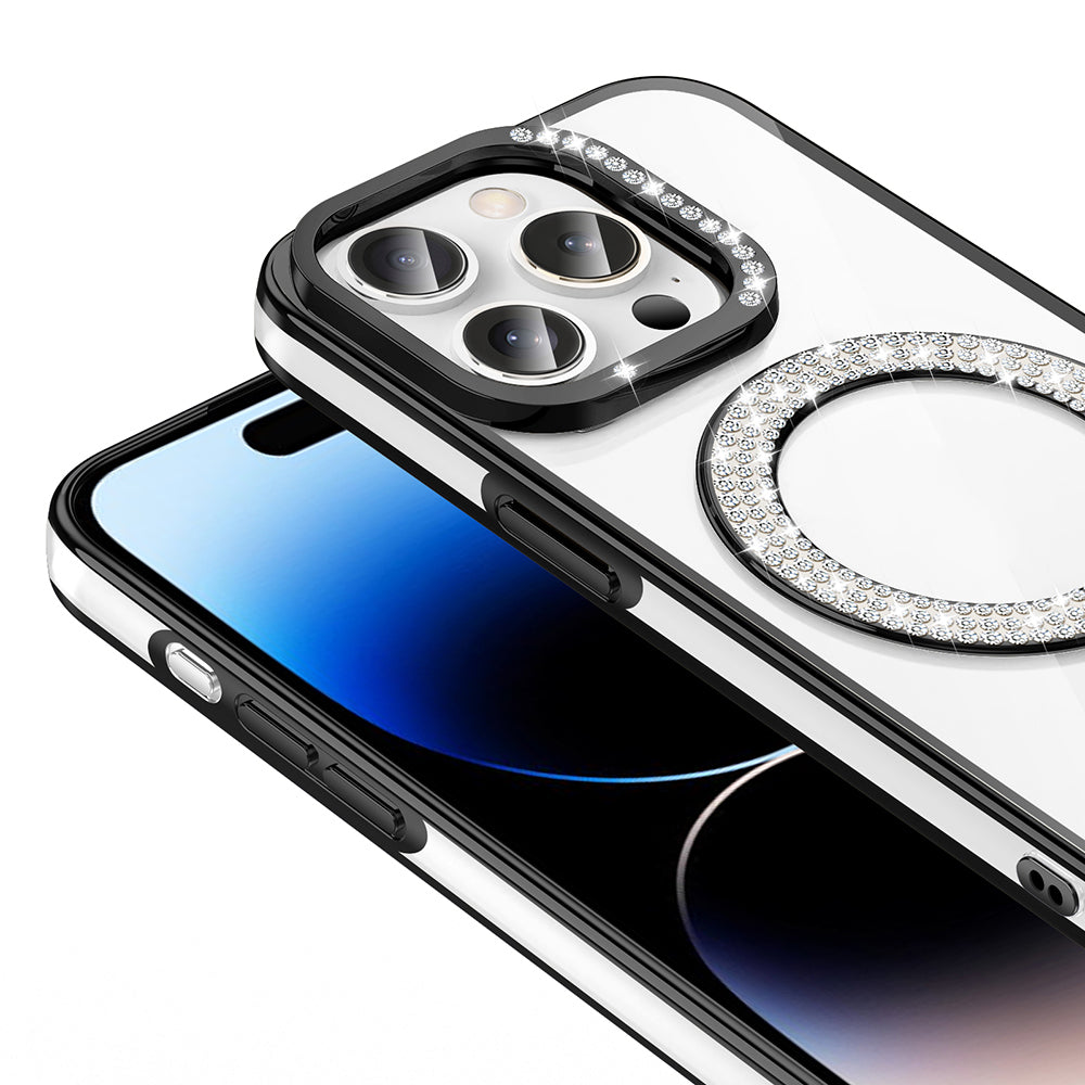 Apple iPhone 14 Pro Max Kılıf Pırlanta Taş Tasarımlı M-safe Şarj Özellikli Zore Karetta Silikon Kapak Gümüş