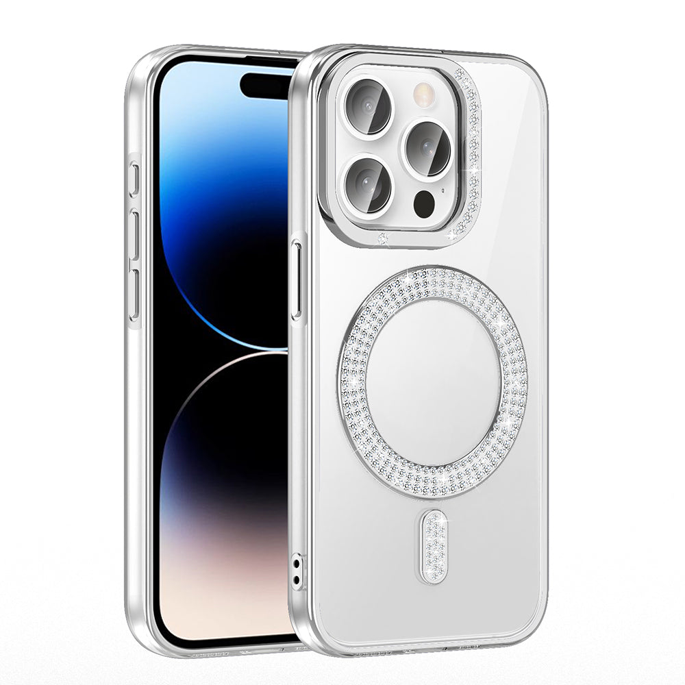 Apple iPhone 14 Pro Max Kılıf Pırlanta Taş Tasarımlı M-safe Şarj Özellikli Zore Karetta Silikon Kapak Gümüş