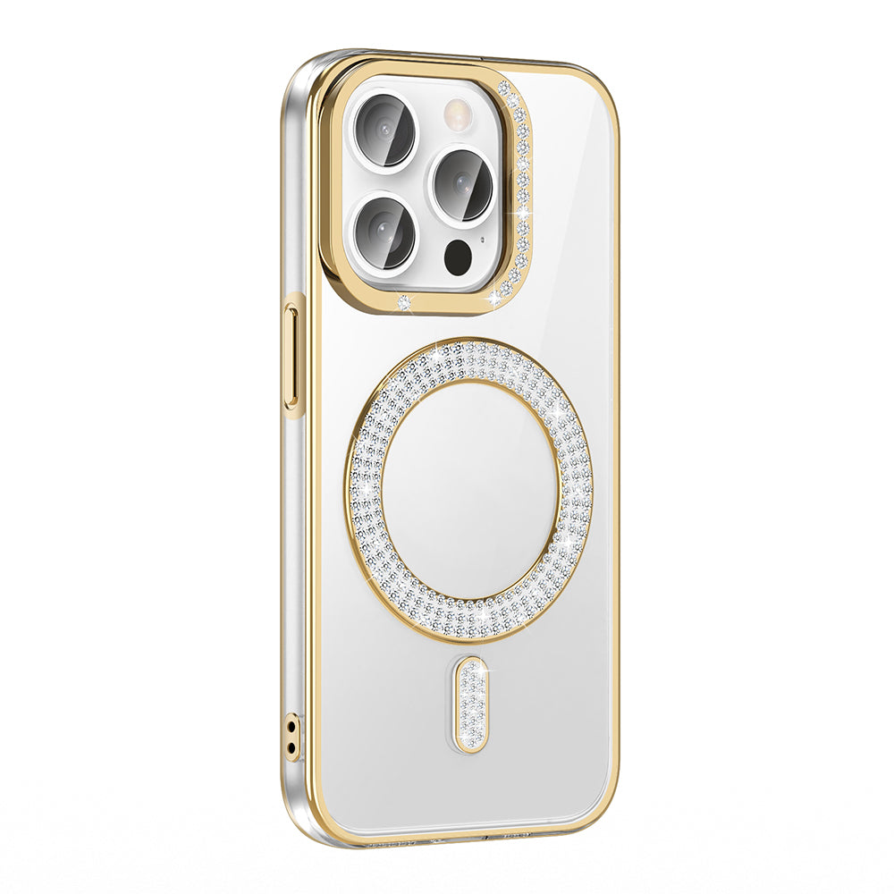 Apple iPhone 14 Pro Max Kılıf Pırlanta Taş Tasarımlı M-safe Şarj Özellikli Zore Karetta Silikon Kapak Gold