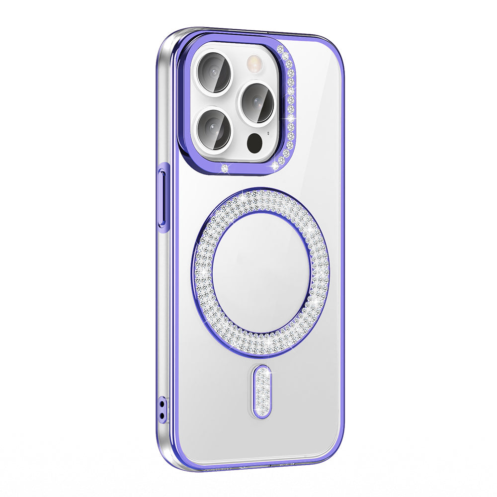 Apple iPhone 14 Pro Max Kılıf Pırlanta Taş Tasarımlı M-safe Şarj Özellikli Zore Karetta Silikon Kapak Mor