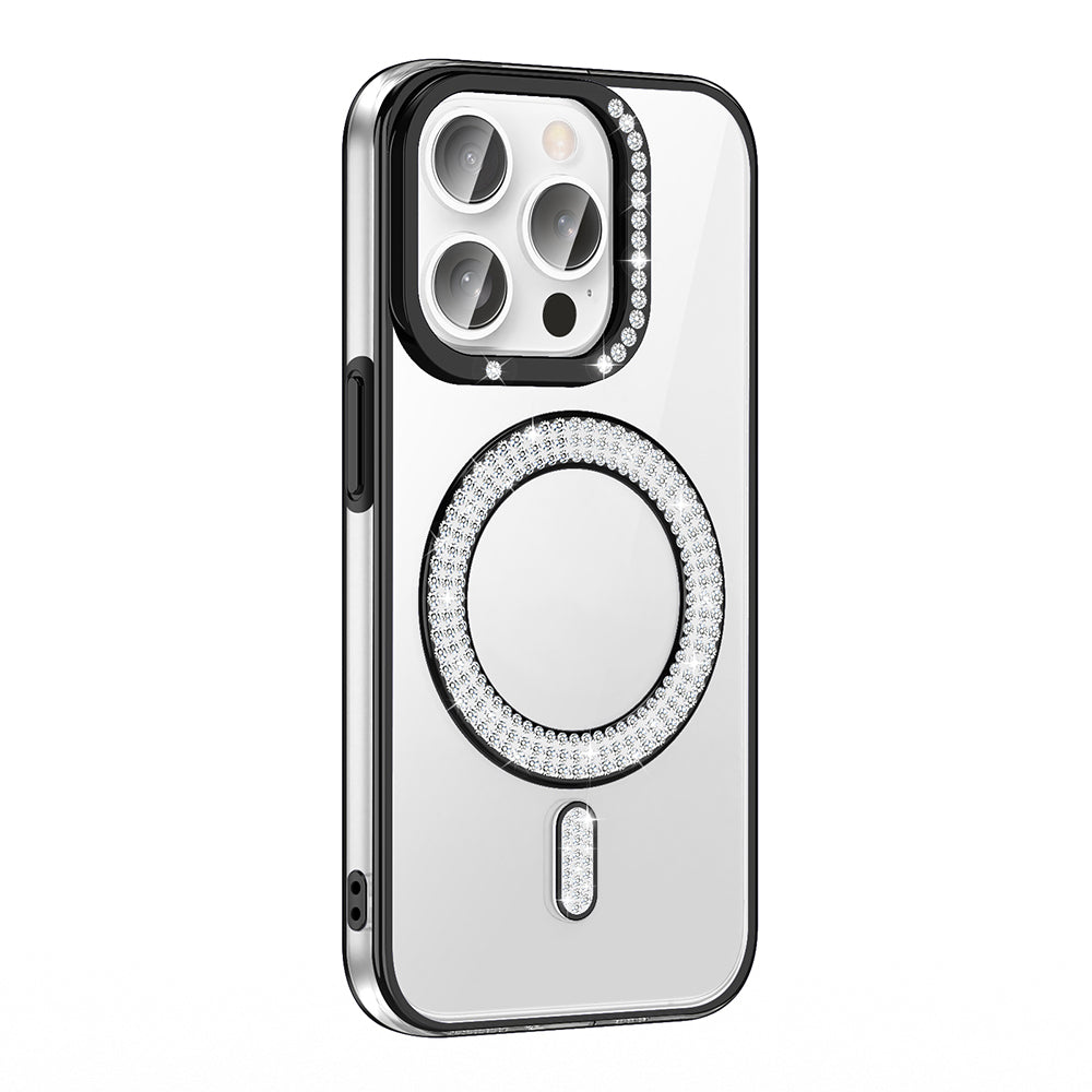 Apple iPhone 14 Pro Max Kılıf Pırlanta Taş Tasarımlı M-safe Şarj Özellikli Zore Karetta Silikon Kapak Siyah