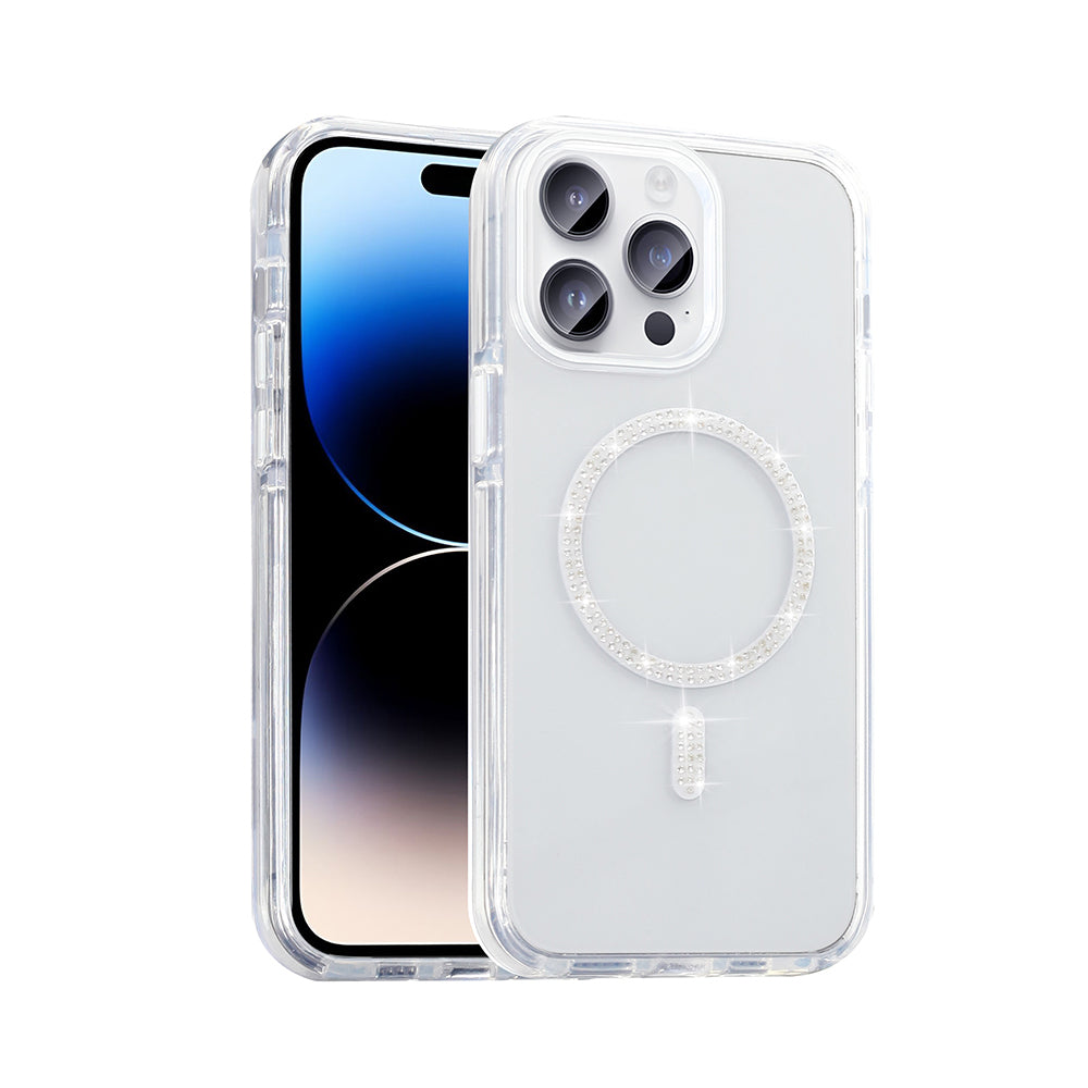 Apple iPhone 14 Pro Max Kılıf Taşlı Tasarım M-safe Şarj Özellikli Zore Koment Silikon Kapak Gümüş