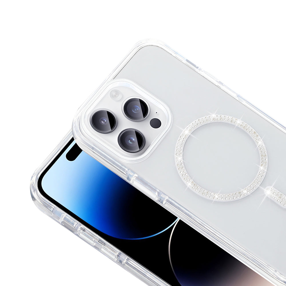 Apple iPhone 14 Pro Max Kılıf Taşlı Tasarım M-safe Şarj Özellikli Zore Koment Silikon Kapak Gümüş