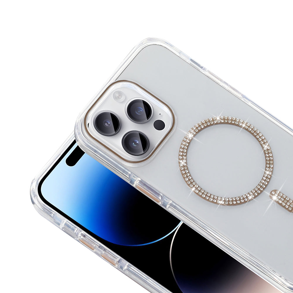 Apple iPhone 14 Pro Max Kılıf Taşlı Tasarım M-safe Şarj Özellikli Zore Koment Silikon Kapak Gümüş